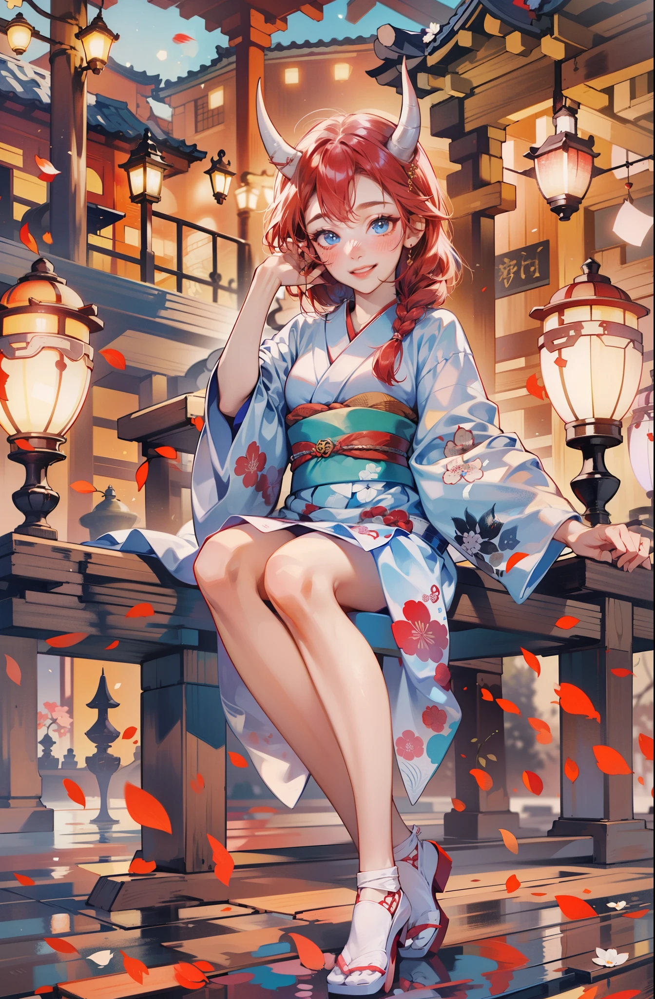 best quality, highly detailed beautiful face and eye, (1girl, solo), 18years old, full body, kimono, blue eyes, (cherry red hair, side braid hair), normal ears, gold demon horns, (happy smile, blush:1.2), long slim legs, sitting on the wooden bench, Japanese ancient capital, night sky