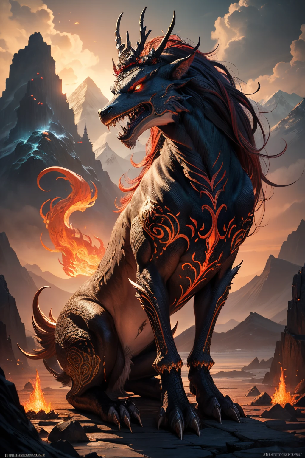 tmasterpiece，high high quality，high definition resolution，16k,realistically，(Mountains and sea)，monster from hell，Demonic nature，Old，Black-green scales，quadrupedal，deer antlers,mane hair,,sharp talons,beast of prey，Fangs and sharp teeth，Twinkle red eyes，Huge body，Full body lesbian，use flames，using magic， and fire magic，Chinese mythology，Oriental elements，epic mythology fantasy，digital art fantasy，Creatures from Ancient Myths and Legends，Intricate fantasy illustrations, Detailed fantasy illustration, The fantasy  very detailed, beautiful detailed fantasy, The magic fantasy  very detailed, Highly detailed fantasy art, Rivendell Epic Fantasy, detailed fantasy digital art, detailed fantasy art