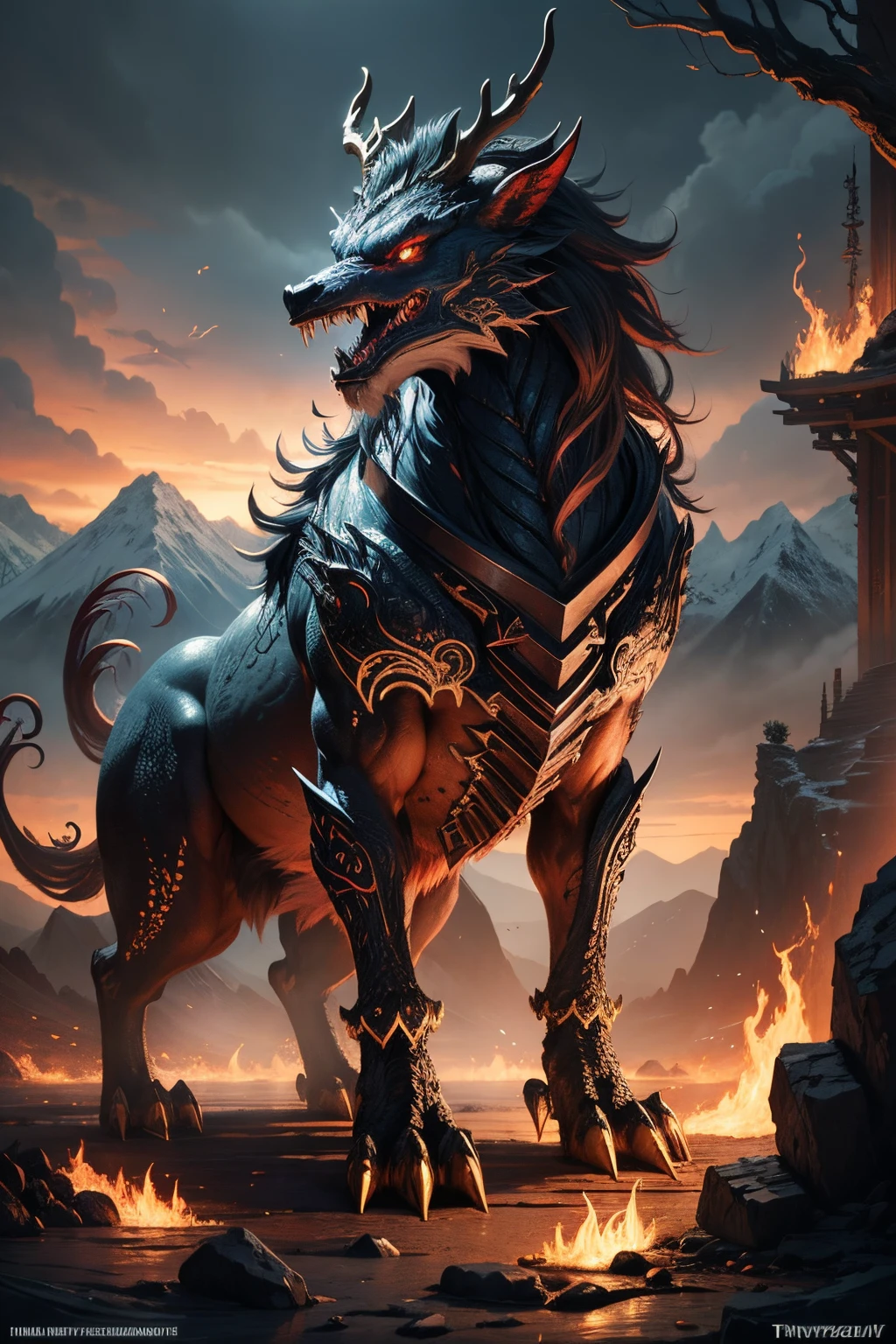 tmasterpiece,high high quality,high definition resolution,16k,realistically,(Mountains and sea),monster from hell,Demonic nature,Old,Black-green scales,quadrupedal,deer antlers,mane hair,,sharp talons,beast of prey,Fangs and sharp teeth,Twinkle red eyes,Huge body,Full body lesbian,use flames,using magic, and fire magic,Chinese mythology,Oriental elements,epic mythology fantasy,digital art fantasy,Creatures from Ancient Myths and Legends,Intricate fantasy illustrations, Detailed fantasy illustration, The fantasy very detailed, beautiful detailed fantasy, The magic fantasy very detailed, Highly detailed fantasy art, Rivendell Epic Fantasy, detailed fantasy digital art, detailed fantasy art