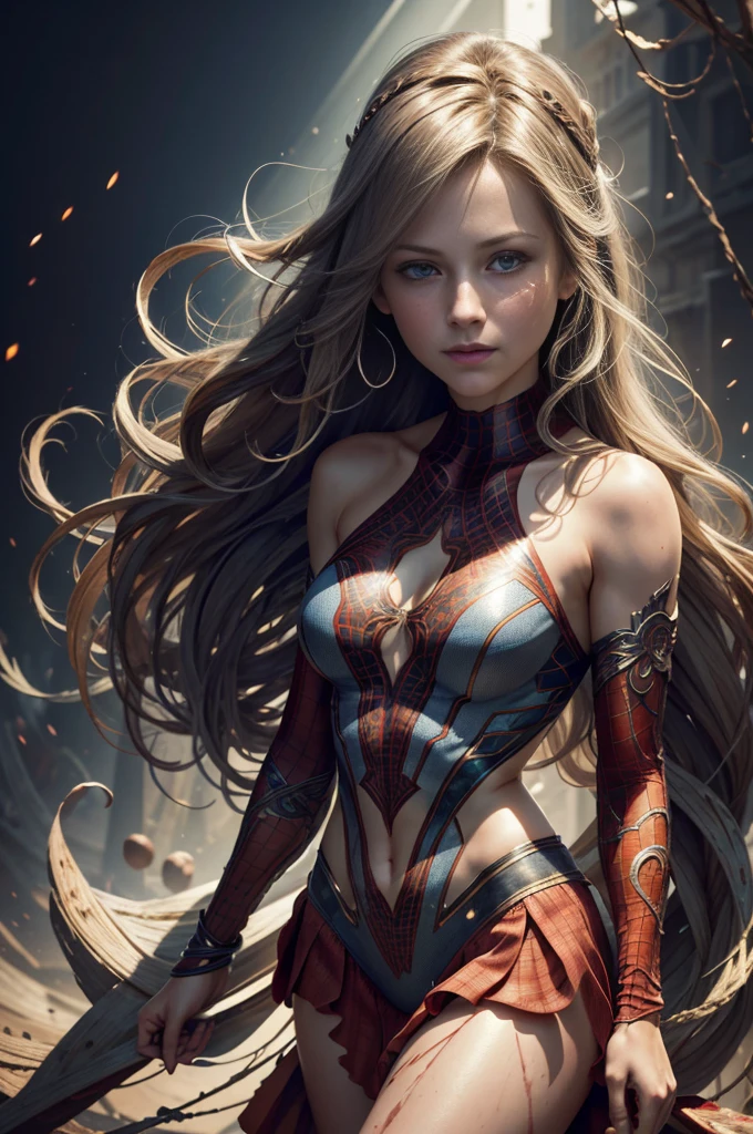 "Melissa Benoist, showing her belly button, In New York, wearing a torn spiderman suit, Wearing a skirt, abstract photorealistic, artistic, Alphonse Mucha&#39;Masterpieces of painting, Best Quality, High resolution:1.4), Detailed, Intricate details, 4K, color splashes, line-drawing, Fibonacci, hight resolution, Vibrant colors, with fantasy background, Female features&#39;Flowing hair and dramatic light rays.."
