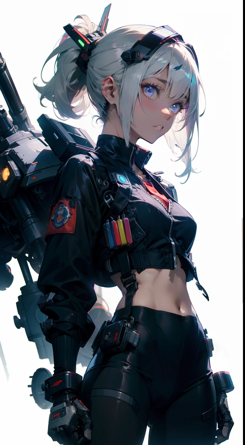 (flat color),(colorful),(masterpiece:1.2), best quality, masterpiece, looking at viewer, white background,
1girl, white hair, slightly curly hair, expressionless, ponytail, side braid,
mecha bodysuit, mecha museum, mechanical parts,robot joints, headgear, cyberpunk, neon_trim, glowing neon lights, blue, purple,
open jacket,black sheer pantyhose, visible through (sheer crop top), shirt,
garter,necktie, navel, gloves,Hand katana,
techwear jacket, with buckle and tape, black gloves, tactical vest,cyberhelmet,cyborg,(helmet)