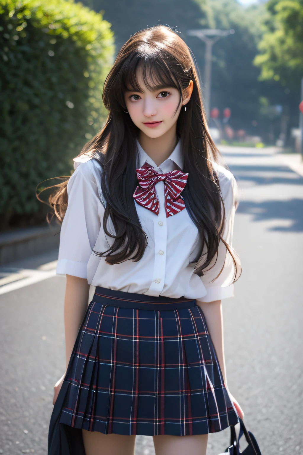 super mini skirt(red and pink plaid)18 year old high school girl wearing a tie and white shirt.