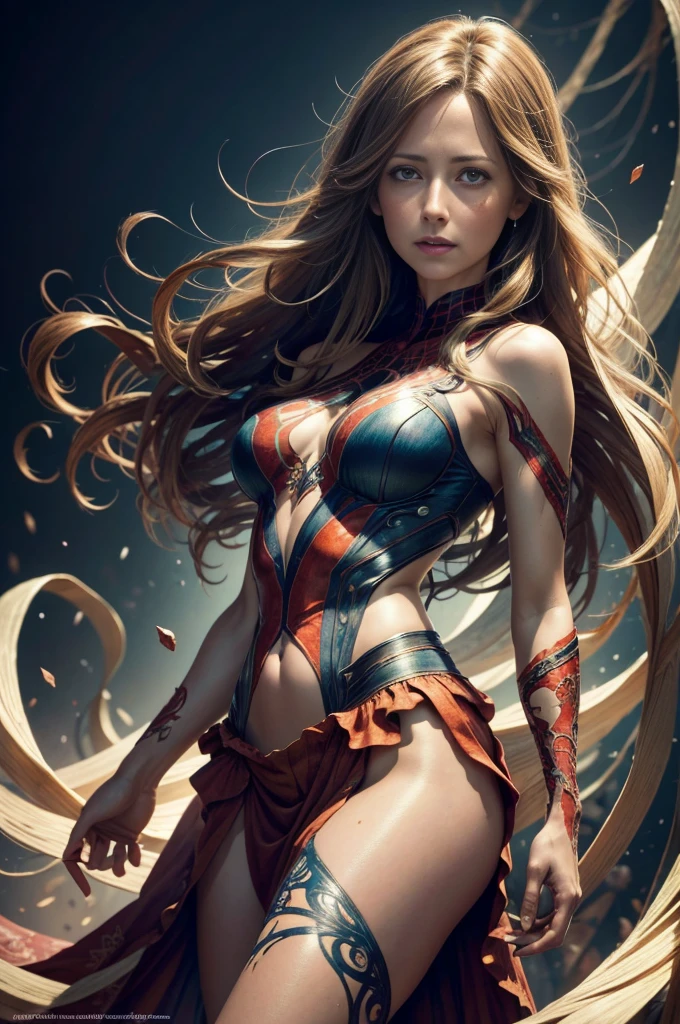 "Amy Acker, showing her belly button, In New York, wearing a torn spiderman suit, Wearing a skirt, abstract photorealistic, artistic, Alphonse Mucha'Masterpieces of painting, Best Quality, High resolution:1.4), Detailed, Intricate details, 4K, color splashes, line-drawing, Fibonacci, hight resolution, Vibrant colors, with fantasy background, Female features'Flowing hair and dramatic light rays.."