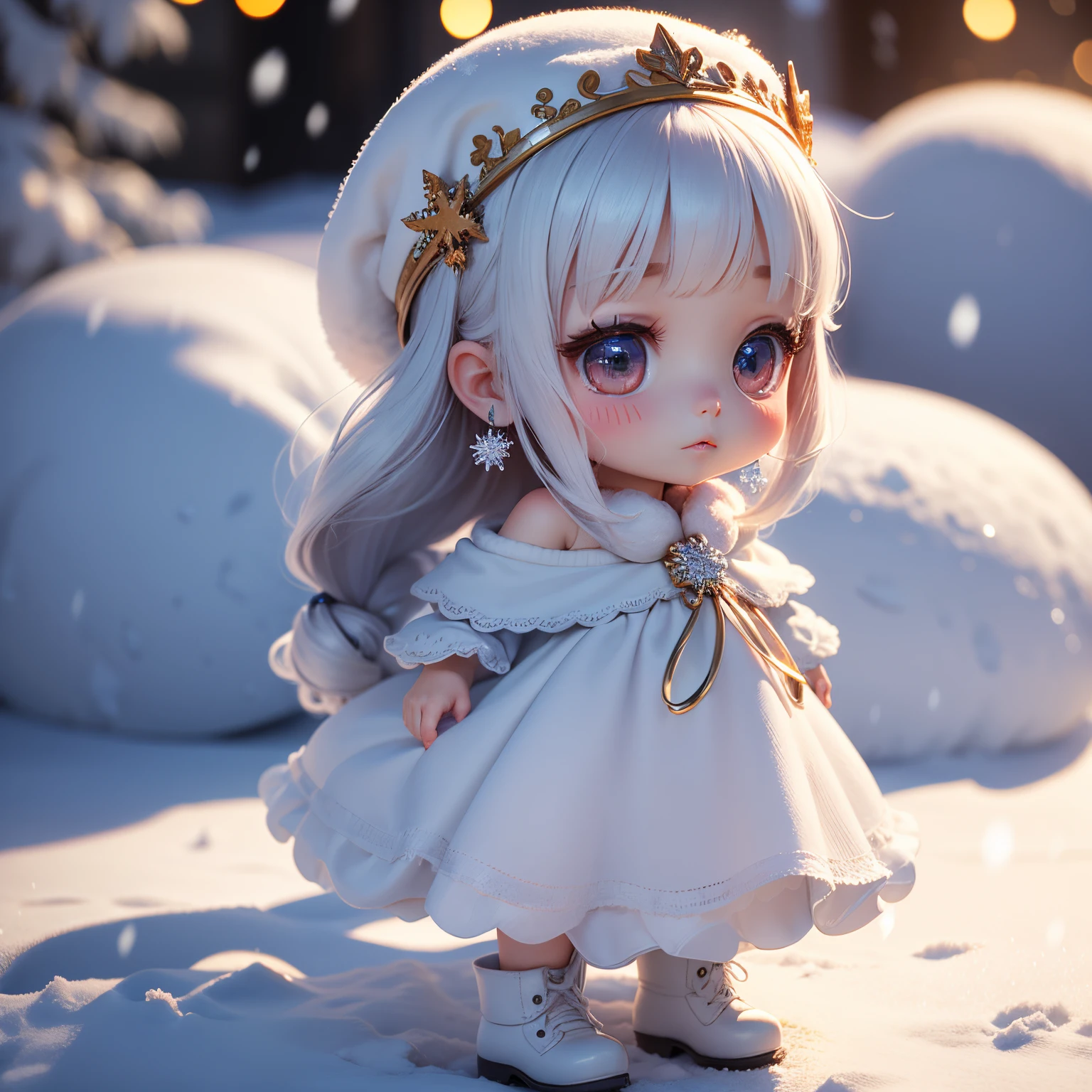 masterpiece、top-quality、ultra-detailliert、(((Chibi 3D))) (Best Quality), (masutepiece)one daughter of:1.5)、white fluffy elegant hat、white fluffy off shoulder dress、Snowflake Earrings、White braided boots、snowflakes falling、Blurring、Snow World、Chibi