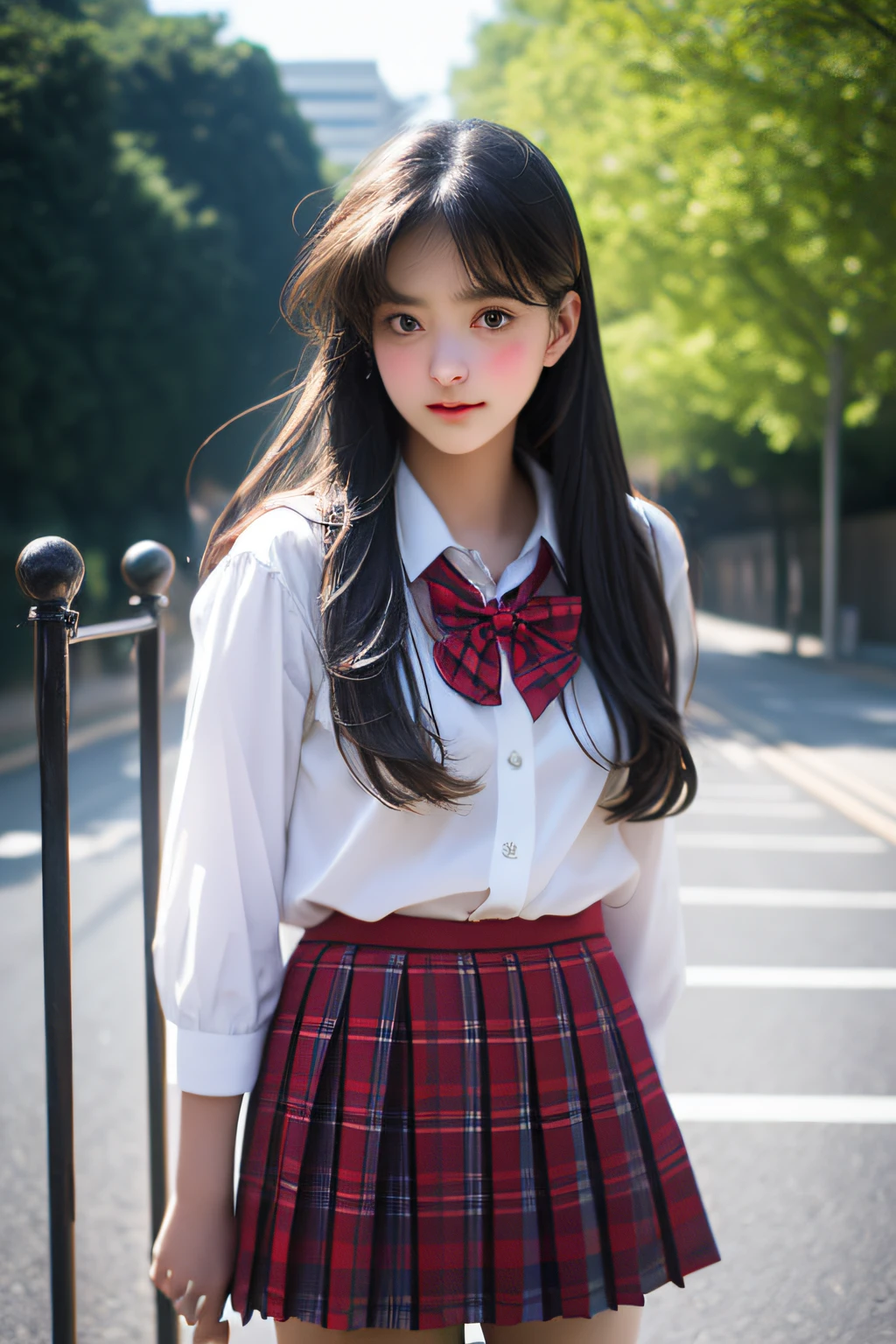 (girl standing in front of the school gate),((posterior view)),((turned around)),Charming eyes,Heartwarming action,Turn your face away from the camera,stooped,Bend over,turn back,Look up at your head,thick long hair,Highly detailed body,Highly detailed face,best qualtiy, female students、(White blouses), red bowtie、(Navy checkered skirt)、White high sockrack loafers、sexypose