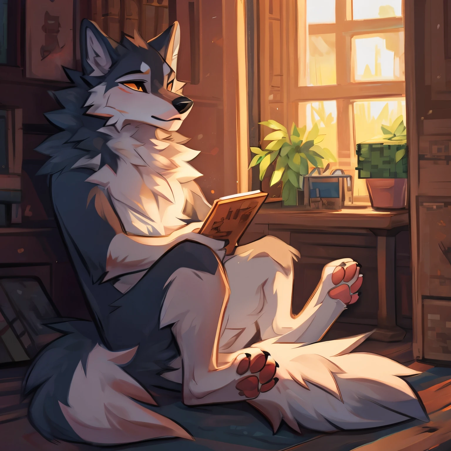 Feral wolf, minecraft wolf character,furry art, wolf is sitting showing paws,Art by hyilpi