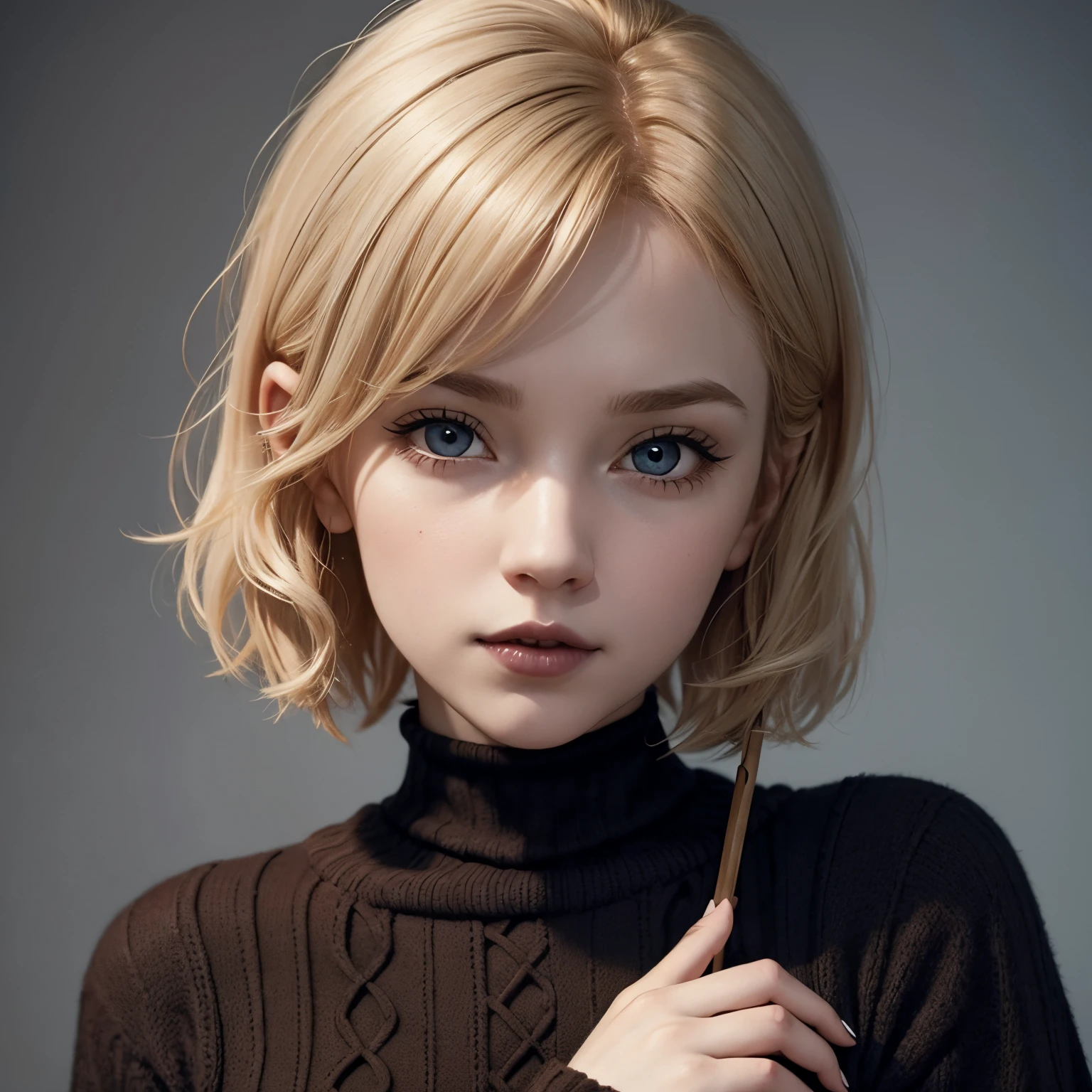 Please make a pfp of a girl with pale skin short blond hair hazel brown eyes and a gothic sweater Pixar style