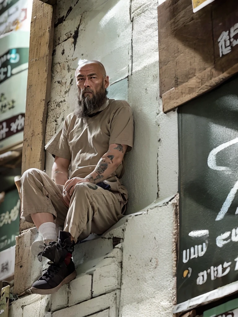 1man,people living on the street々々々々,Japanese,50 years old,Slums,Best Quality,tatteredclothing,Close-up photo of the upper body,bushy beard,Unkempt hair,Wrinkled face,Lifeless face,