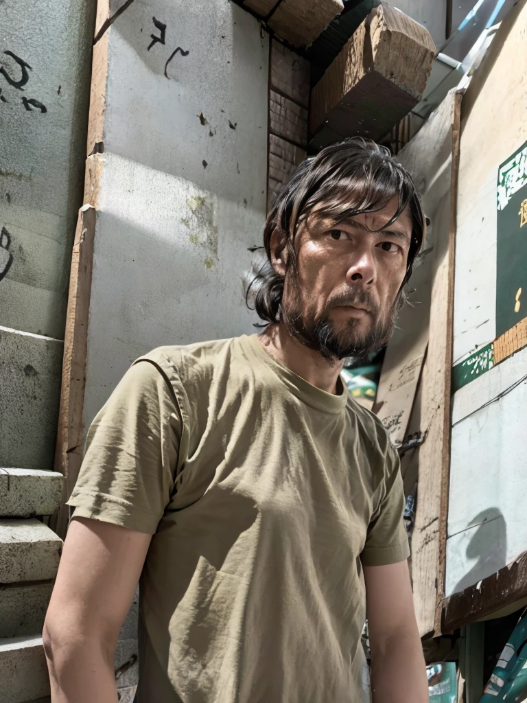 1man,people living on the street々々々々,Japanese,50 years old,Slums,Best Quality,tatteredclothing,Close-up photo of the upper body,bushy beard,Unkempt hair,Wrinkled face,Lifeless face,