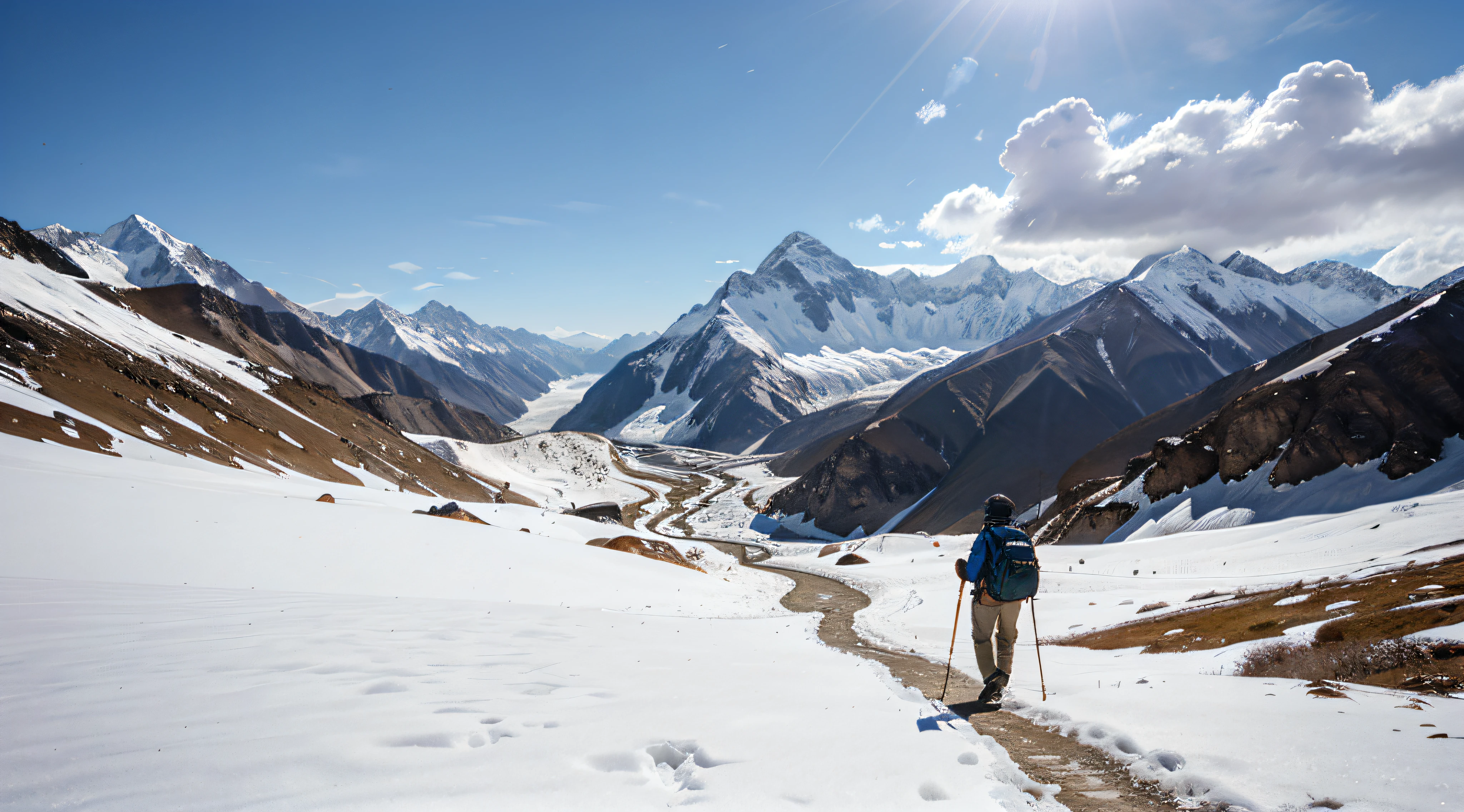 Draw background image,Himalayan trekking,A person carrying a suitcase,man walking on ridge,Sky blue,There are many white clouds floating,The top of the mountain snowy,The mountain steeper