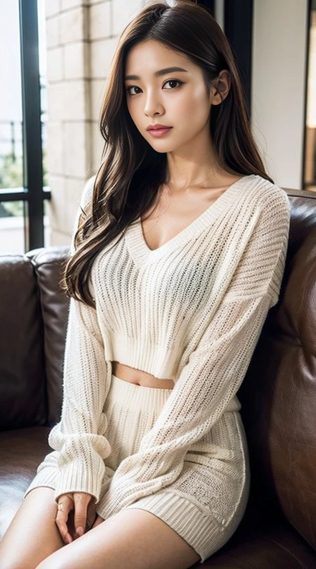 dark brown hair、Light brown eyes、The face of the Japan actress、 Lady、looks like him'i'i'I'm about 40 years old、(intricate-detail:1.2)、(top-quality:1.4)、 (超A high resolution:1.2)、超A high resolution、(A detailed eye)、(detailed facial features)、nffsw、8K resolution、D-cup size breasts、length hair、i'I'm sitting comfortably on a sofa on the quiet terrace of a cafe..、Relaxing、Leaning on the backrest、White 2 Piece Outfit V Neck Sweater Wide Leg Sweat Suit Rib Knit Lounge Set Leisure Wear, croptop,