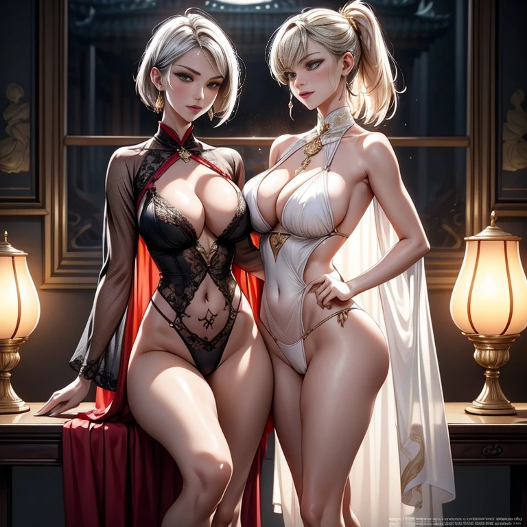 Two girls having close contact, Full body photo of couple, Goddess girl, gorgeous one, splash up, butterflys, Smooth pen and ink, lunar goddess, Whole body diagram, Detailed faces, (Upper part of the body: 1.4), (underwear  transparent: 1.3), Golden decoration, solid black background, body dynamic movement, Oiled, number art, fallopian tube, Full body lesbian, Oriental mandala tattoo, Rich fractals, plata, golds, copper spirit, ancient floating objects, Antique lamps, Sexually suggestive pose, Visible nipple, Thanos  visible, Big breasts are beautiful, sexy for, low chest, bare-legged, cleanness, everlasting, Hanfu, Wet with, Realist, highest details, loong pattern, fenghuang, Sankta, jin shan, temple, Countless palaces, ​​clouds, Luce Dorada, Nasturtium, Faraway view, Full body lesbian, Sakimichan Art, light  smile, splash, lacivious pose, transparent costume, light  smile，Estillo Jean-Baptiste Monge, bright, fallopian tube, Cute and cute, filigrees, edge lit, lamplight, exceedingly , magical, hyper realisitc, like a dream, number art, ample, Artyom and James Jean,ancient floating objects, Antique lamps, fallopian tube,ancient floating objects, Perfect masterpiece, Best quality, Perfect illustration, 8K, delicated face, Observe the audience, cana, fundo vermelho, number art, Flat drawing, Colorful illustration, style of anime,  Shiny, splash, Smooth pen and ink, Complete two female bodies, body dynamic movement, crotch chuck, fluids, 3d fractal, 8 head body, lean legs, Natural sagging, big chest and thin waist, high-heels, Elegant, Complete body, Bareleged, Glow skin, with shiny silver hair, including legs and feet, King size, mesmerizing eyes, Slim abs：1.6, The bones are straight, Decorative style, Sports and toned body, dermis, Hardly any clothes, Lop,  Octagon rendering, number art, extremly high detail, Polished, realistically, Focus sharp, ample, character  design, unreal-engine, a 3D render, Volumetriclighting, rethink, smooth private parts, The cleavage protrudes, Digital illustration, Full body photo, Anatomically correct, hip  cocked, sexually arousing, sexual expressio, Hazy beauty, Camel toes, Short hair details, high ponytails, Award-Awarded, Big breasts that expose the，drenched all over the body，Raised sexy，Big breasts that expose the, Extremely beautiful facial features, putting makeup on，Blue pupil，詳細な目，二重まぶた, Natural cheeks，The chin  not pointed，Not cross-eyed