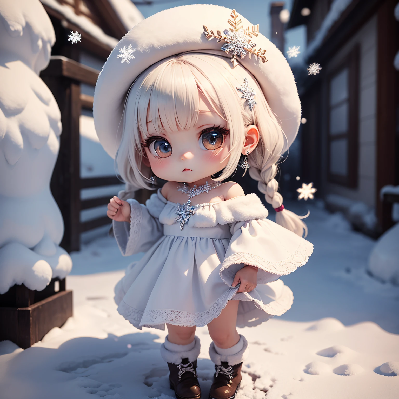 masterpiece、top-quality、ultra-detailliert、(((Chibi 3D))) (Best Quality), (masutepiece)one daughter of:1.5)、white fluffy elegant hat、white fluffy off shoulder dress、Snowflake Earrings、White braided boots、snowflakes falling、Blurring、Snow World、Chibi