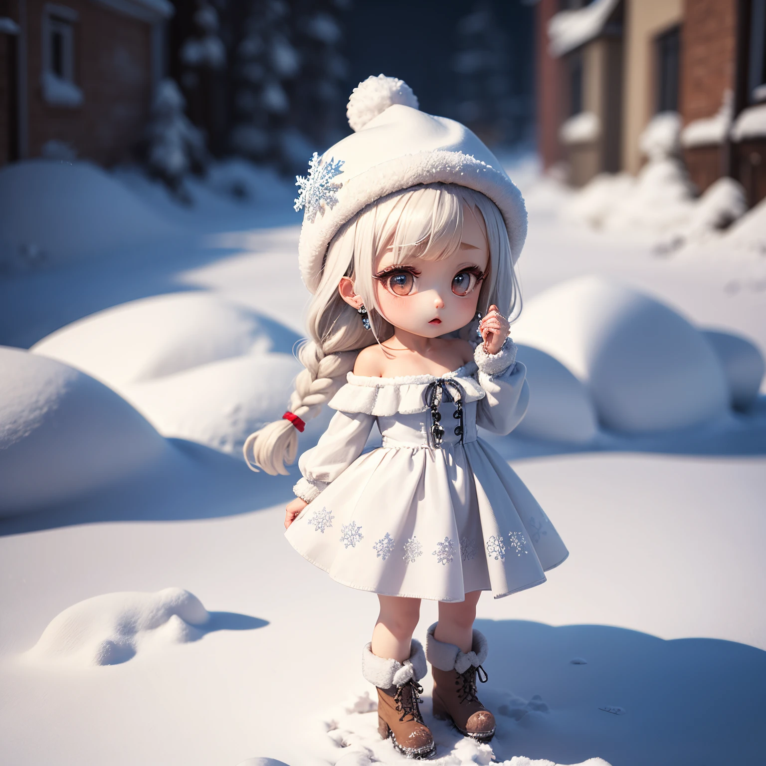 ​masterpiece、top-quality、ultra-detailliert、（（（Chibi 3D））） （Best Quality）， （masutepiece）one daughter of：1.5）、white fluffy elegant hat、white fluffy off shoulder dress、Snowflake Earrings、White braided boots、snowflakes falling、Blurring、Snow World、Chibi