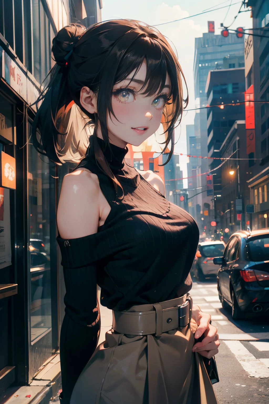 a 20 yo woman、Black blue Hair、poneyTail、Bun hair、Big smile、iridescent eye op fade:1.3)、dark themed、Muted Tones、Subdued Color、highly contrast、(natural skin textures、Hyper-Realism、Soft light、sharp)、8K、​masterpiece、 top-quality、The ultra -The high-definition、Top resolution、ighly detailed、Background with、Modern City、Skyscraper、main street、Professonal lighting、电影灯光、extremely details CG、On the side of the street、Holographic Signals、sign、Wide View、Sharp Noor&#39;s body pose、Angular focus from behind、Turning Pose、de pele branca、Beautuful Women、23years old、(A detailed eye、Almond Eye、brown right pupil、Gradient Eyes:1、finely detailed beautiful eye:1、Symmetrical eyes:1、big highlight on eyes:1.2)、(Red-brown hair、Bob Hair、The non-target hair on the left and right is disordered.)、(long  skirt、with a belt、long court、Sweater off-shoulder 、beige colors、Hand-knitted neck muffler)、Beautiful long and thin hip line、Beautiful spine、constricted back、Toned waist、Hip line emphasis、cheeks are a little red、beutiful breast、Breast is an A cup) 、(Round face: 1.4)、(Fine fingers、detailed arms、detailed human hands)、laughter half open、teeth showing、Beautiful hip line