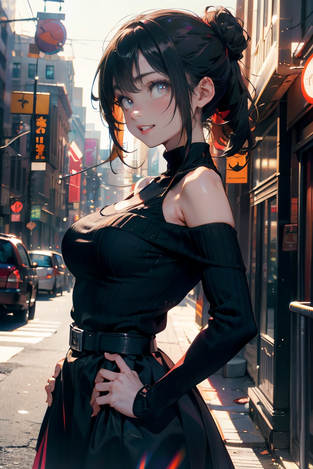 a 20 yo woman、Black blue Hair、poneyTail、Bun hair、Big smile、iridescent eye op fade:1.3)、dark themed、Muted Tones、Subdued Color、highly contrast、(natural skin textures、Hyper-Realism、Soft light、sharp)、8K、​masterpiece、 top-quality、The ultra -The high-definition、Top resolution、ighly detailed、Background with、Modern City、Skyscraper、main street、Professonal lighting、电影灯光、extremely details CG、On the side of the street、Holographic Signals、sign、Wide View、Sharp Noor&#39;s body pose、Angular focus from behind、Turning Pose、de pele branca、Beautuful Women、23years old、(A detailed eye、Almond Eye、brown right pupil、Gradient Eyes:1、finely detailed beautiful eye:1、Symmetrical eyes:1、big highlight on eyes:1.2)、(Red-brown hair、Bob Hair、The non-target hair on the left and right is disordered.)、(long  skirt、with a belt、long court、Sweater off-shoulder 、beige colors、Hand-knitted neck muffler)、Beautiful long and thin hip line、Beautiful spine、constricted back、Toned waist、Hip line emphasis、cheeks are a little red、beutiful breast、Breast is an A cup) 、(Round face: 1.4)、(Fine fingers、detailed arms、detailed human hands)、laughter half open、teeth showing、Beautiful hip line