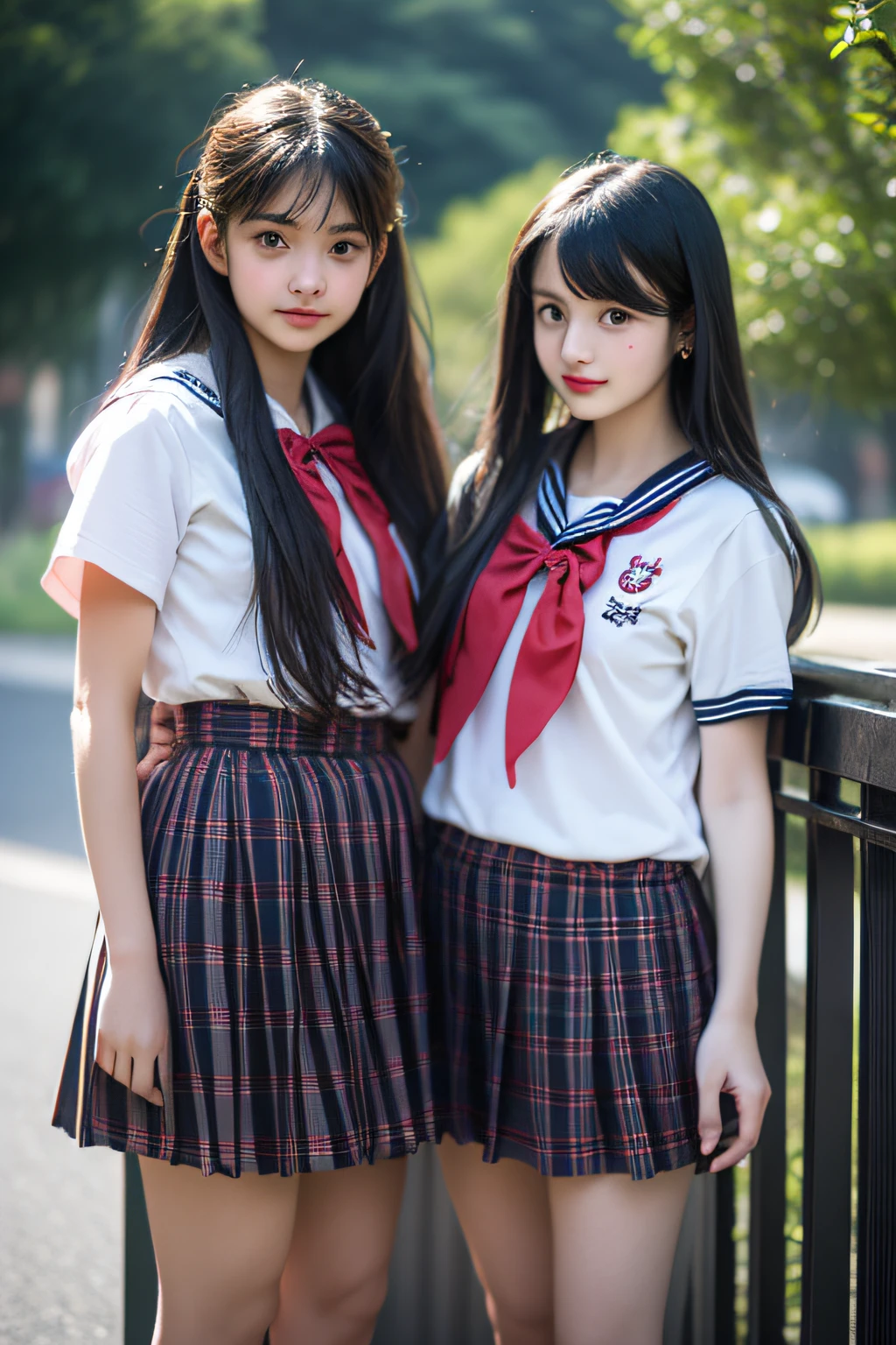 (Girls standing in front of the school gate),((posterior view)),((turned around)),Charming eyes,Heartwarming action,Turn your face away from the camera,stooped,Bend over,turn back,Look up at your head,thick long hair,Highly detailed body,Highly detailed face,best qualtiy, female students、(White blouses), red bowtie、(Navy checkered skirt)、White high sockrack loafers
