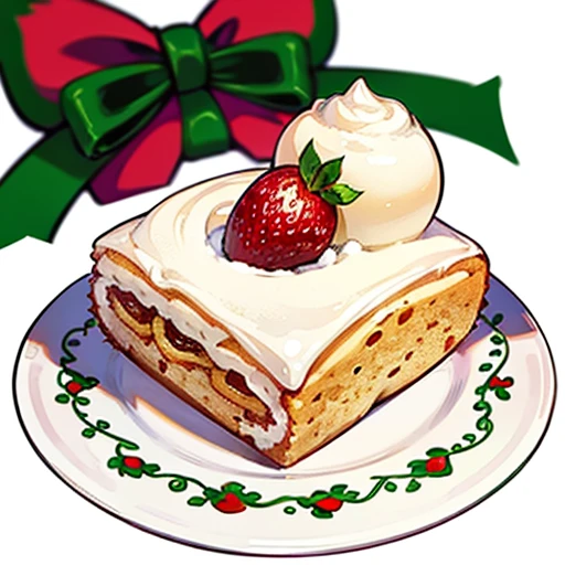 (Best Quality, cute santa claus cake illustration, Appetizing cake illustration),  Looks appetizing. Cake placed on a white plate,  White background. View Center, Make the whole cake visible without interruption. Topped with strawberries and fresh cream、Christmas