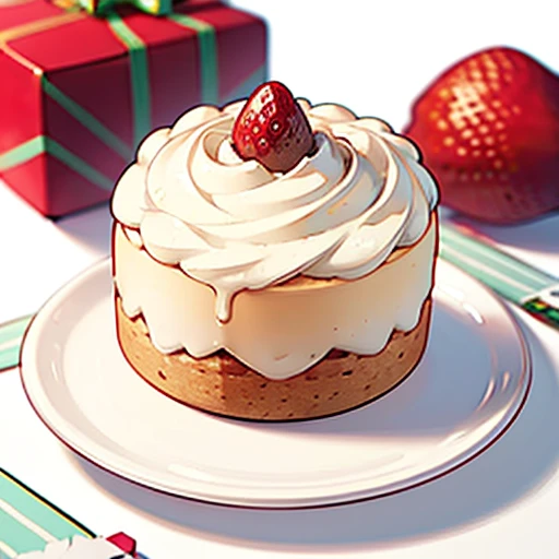 (Best Quality, cute santa claus cake illustration, Appetizing cake illustration),  Looks appetizing. Cake placed on a white plate,  White background. View Center, Make the whole cake visible without interruption. Topped with strawberries and fresh cream、Christmas