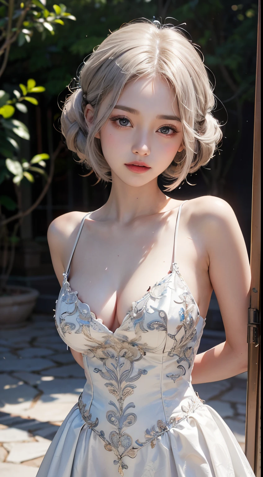 1 beautiful girl, ((wearing a beautiful antique princess dress:1.2)), hanfu style, short neck length platinum hair, the very shy girl looks so lovely, her face was small and flawless, Her cheeks were red from embarrassment, big round sparkling eyes, black pupils, silver eyes, long eyelashes with wet makeup, cute little lipouth closed and not smiling:1.5))), perfect body, big and super round breasts, ((put the girl's arms behind her: 1.2)), balanced body, perfect body, long smooth white bare legrontal portrait:1.5)),