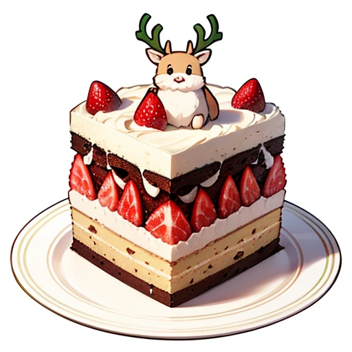 (Best Quality, Cute reindeer cake illustration, Appetizing cake illustration), Cut reindeer cake into 1 slice, Looks appetizing. Cake placed on a white plate, White background. View Center, Make the whole cake visible without interruption. Topped with strawberries and fresh cream、Christmas