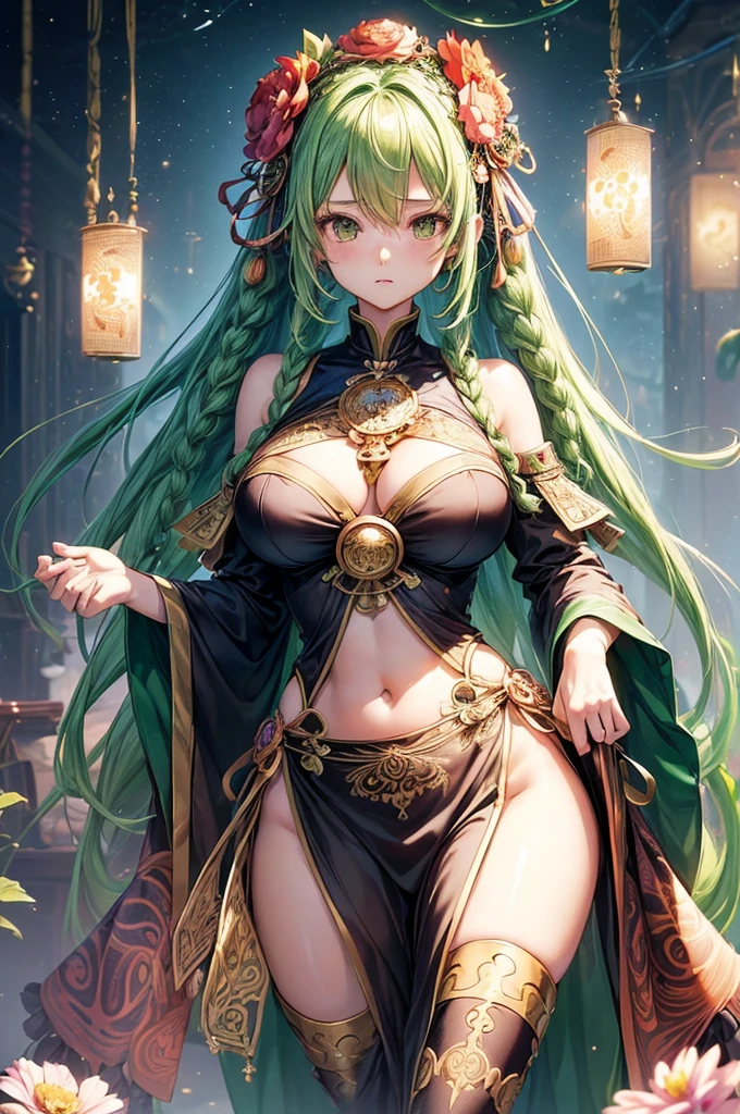 (masutepiece, of the highest quality, Best Quality, Official art, Beautiful and aesthetic:1.2), (1girl in:1.3), (Fractal Art:1.3), The card, tarot, Green hair, Twin braids, Hair Flower, (good lighting:1.1), ((hight resolution)), Tarot card style, (Very big breasts),beautiful girl pose, Narrow waist, Beautiful butt, from the rear