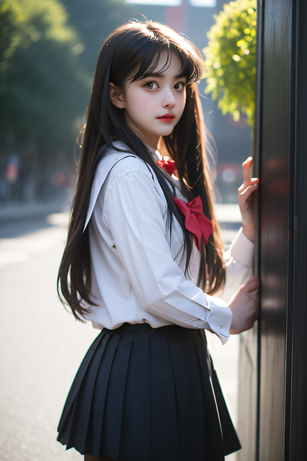 (girl standing in front of the school gate),((posterior view)),((turned around))，Charming eyes，Heartwarming action，Turn your face away from the camera，stooped，Bend over，turn back，Look up at your head，thick long hair，Highly detailed body，Highly detailed face，best qualtiy,　female students、(White blouses),　red bowtie、Check skirt、White high sockrack loafers