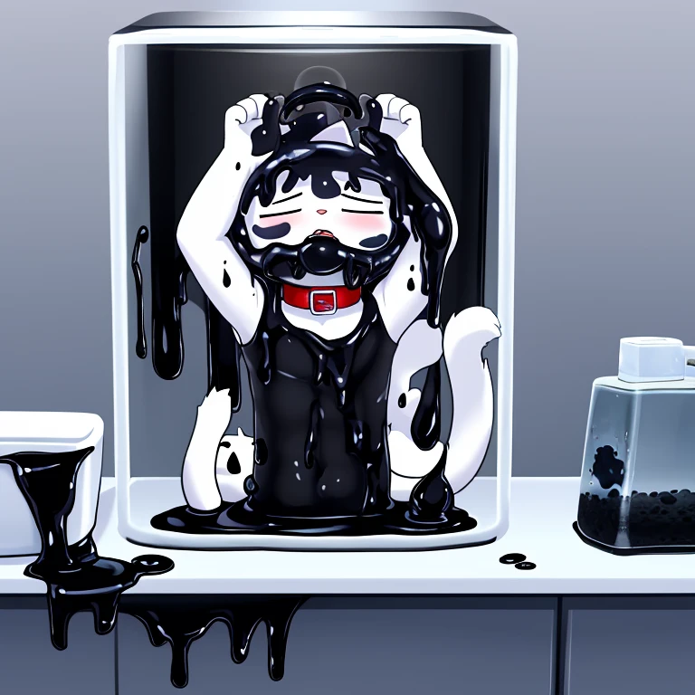 a male white cat,The fish tank with only its head exposed filled with black mucus,Covered with mucus,slimes,white cat,collars,Covered with mucus,sink into,Trapped,yoke,Can't break free,((full of black goo))