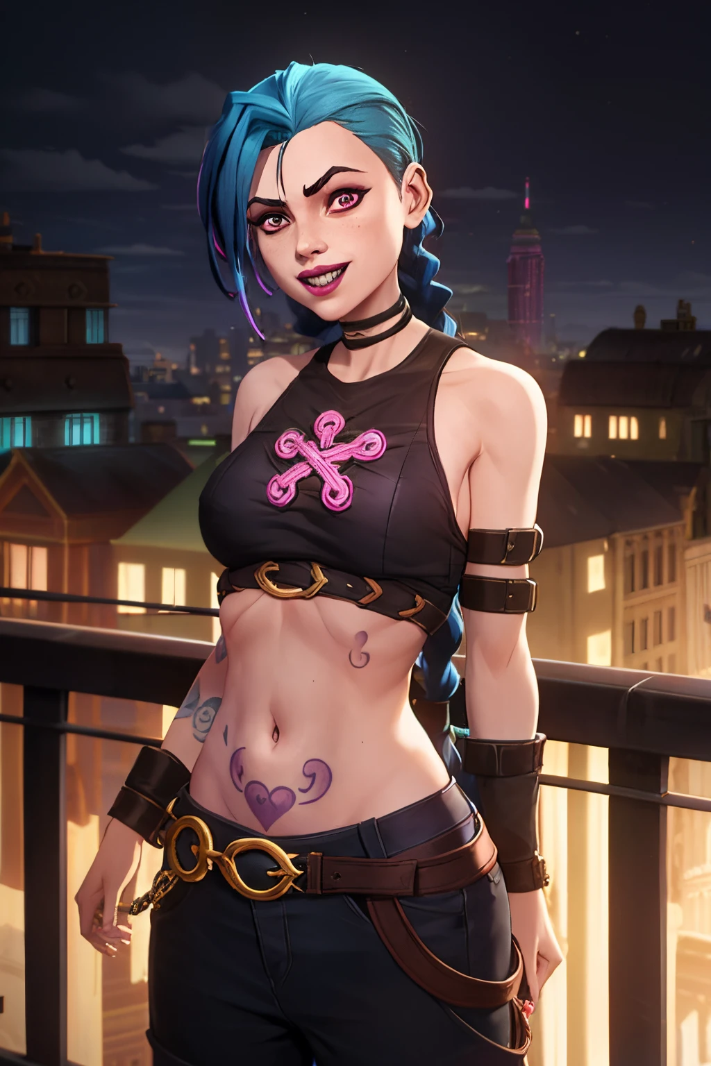 arcane style,

1girl, arm tattoo, asymmetrical bangs, bangs, blue hair, braid, brown shirt, cloud tattoo, looking at viewer, laughing, crazy, uncontrollable laugh, mad look, night, city, green hair, long hair, midriff, pink eyes, red lips, shirt, solo, standing, tattoo, twin braids, upper body, arcane jinx, jinx \(league of legends\)