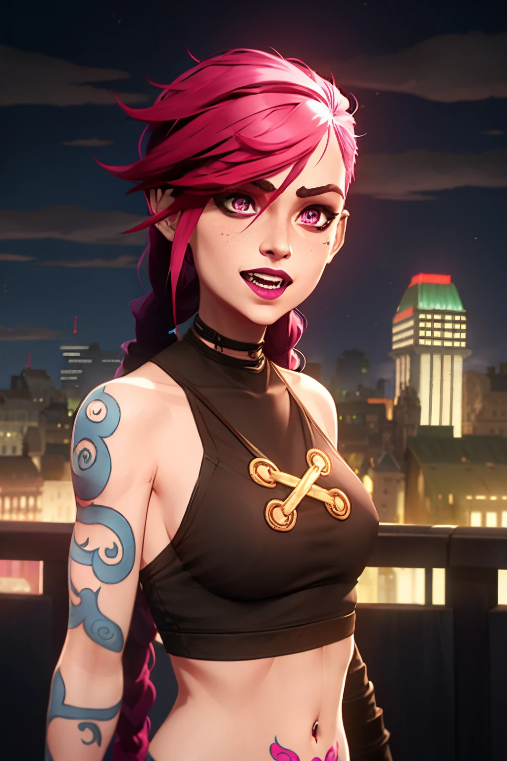 arcane style,

1girl, arm tattoo, asymmetrical bangs, bangs, blue hair, braid, brown shirt, cloud tattoo, looking at viewer, laughing, crazy, uncontrollable laugh, mad look, night, city, green hair, long hair, midriff, pink eyes, red lips, shirt, solo, standing, tattoo, twin braids, upper body, arcane jinx, jinx \(league of legends\)