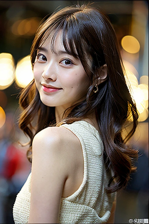 (8K、Raw photography、top-quality、masterpiece:1.2)、(realisitic、Photorealsitic:1.37)、ultra-detailliert、超A high resolution、1人、see the beholder、beautifull detailed face、A smile、Constriction、(Slim waist) :1.3)、Beautiful detailed skin、Skin Texture、floated hair、Curly hair、profetional lighting、party dress