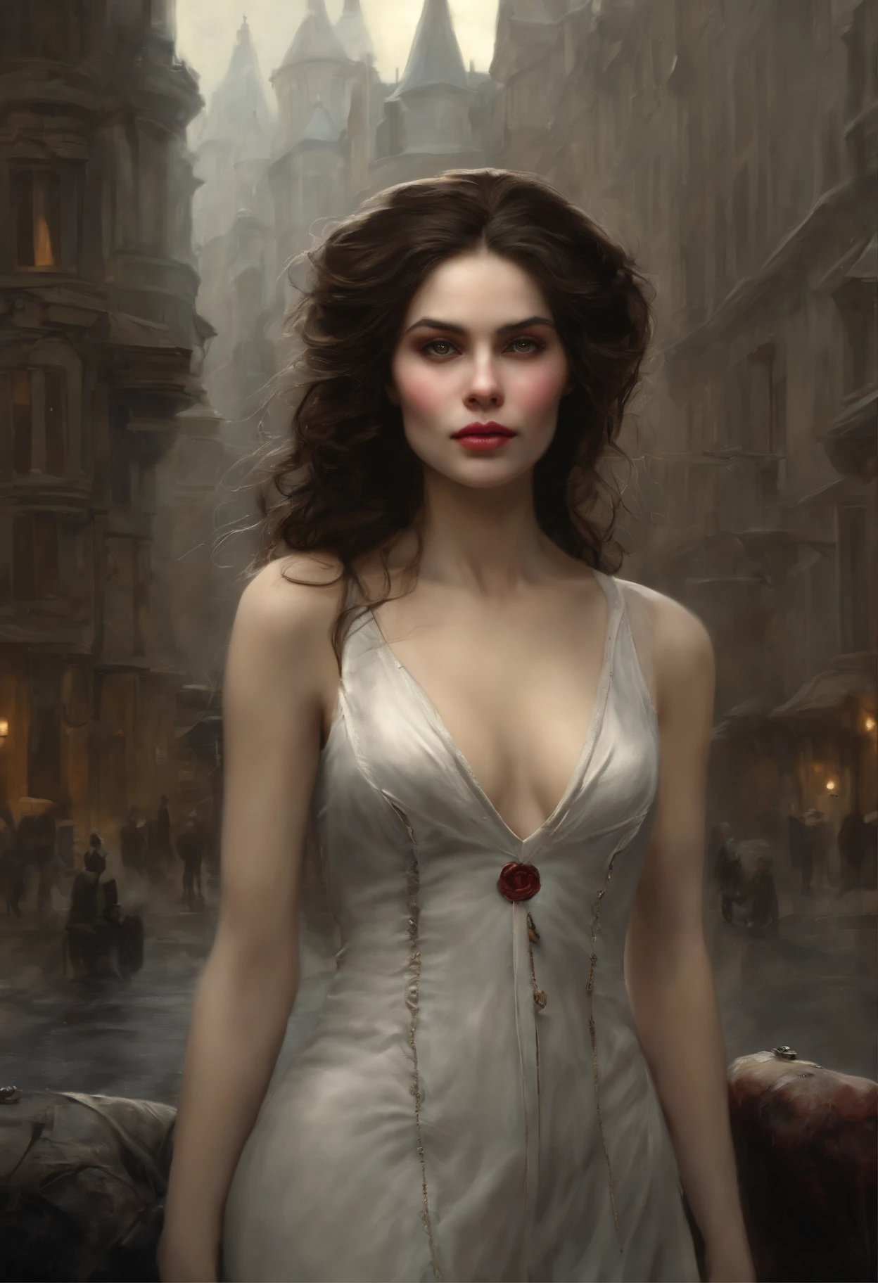 真实感, dark fantasy style, John Tolkien style, Small painting by Jean-Baptiste Monge, Soft facial features,Rocker Girl, Human Hand, Very clear, Without flaws, five fingers, Bright make-up, in the body, Slight excess weight, Average height, dark pink lips,  lip shape"bow" ,"Cool eyebrows in the shape of Angryburts, light gray eyes, almond shaped eye, looking at away, black long wavy hair, large strands of hair fluttering in the wind ,In a short dark leather fitted dress with a cutout.., predatory nature, Standing next to a motorcycle, rain is dripping, The city, megalopolis, city trail, big house, glass skyscraper Jean-Baptiste Monge, anthropomorphic --ar 2:3 --testp -optimistic;
