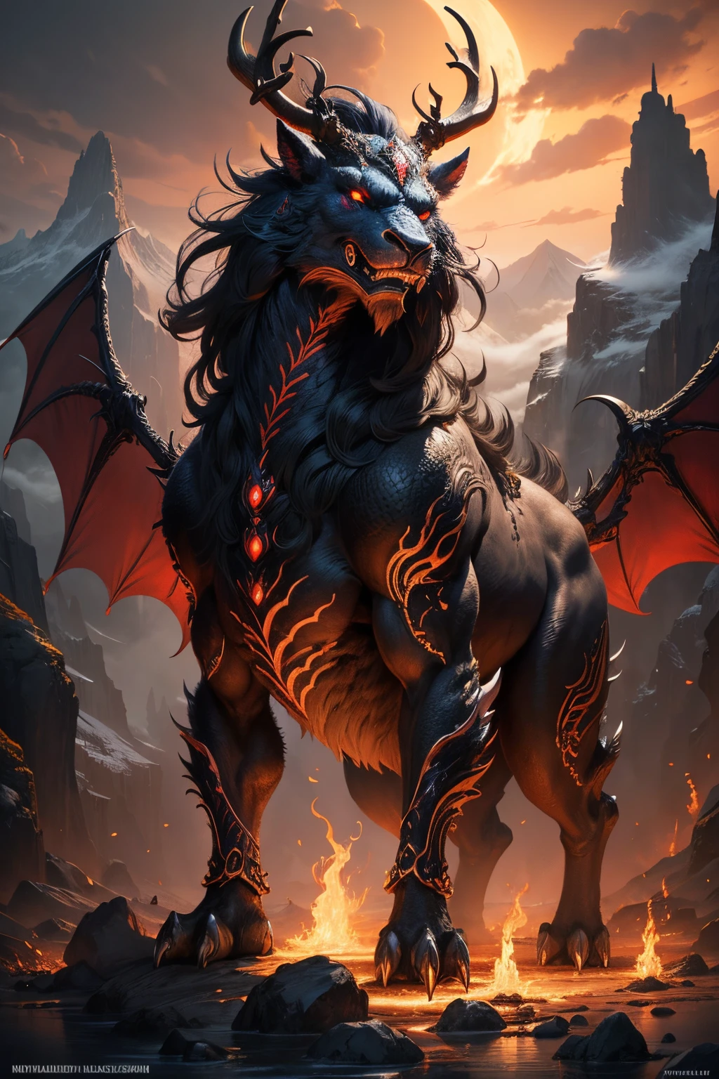 tmasterpiece,high high quality,high definition resolution,16k,realistically,(Mountains and sea),monster from hell,Demonic nature,Old,Black-green scales,quadrupedal,deer antlers,mane hair,,sharp talons,beast of prey,Fangs and sharp teeth,Twinkle red eyes,Huge body,Full body lesbian,use flames,using magic, and fire magic,Chinese mythology,Oriental elements,epic mythology fantasy,digital art fantasy,Creatures from Ancient Myths and Legends,Intricate fantasy illustrations, Detailed fantasy illustration, The fantasy very detailed, beautiful detailed fantasy, The magic fantasy very detailed, Highly detailed fantasy art, Rivendell Epic Fantasy, detailed fantasy digital art, detailed fantasy art