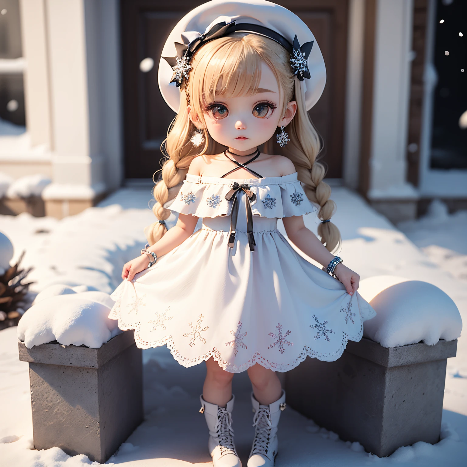 masterpiece、top-quality、ultra-detailliert、(((Chibi 3D))) (Best Quality), (masutepiece)one daughter of:1.5)、white fluffy elegant hat、white fluffy off shoulder dress、Snowflake Earrings、White braided boots、snowflakes falling、Blurring、Snow World、Chibi