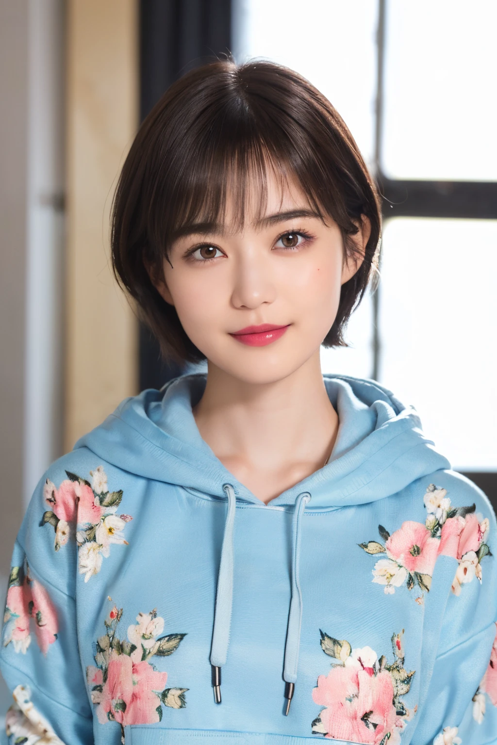131
(a 20 yo woman,Wearing sportswear), (A hyper-realistic), (high-level image quality), ((beautiful hairstyle 46)), ((short-hair:1.46)), (Gentle smile), (brest:1.1), (lipsticks), (florals), (Large room), (florals), (wearing hoodies)