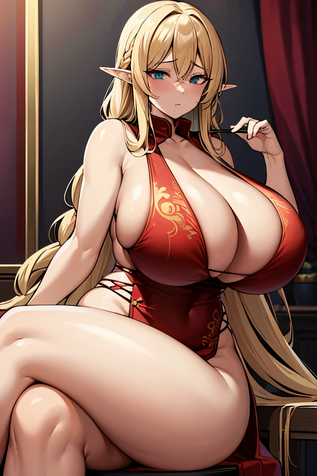 Elf, woman, mature woman, milf, gigantic breasts, sagging breasts, gigantic cleavage, china dress, exposed cleavage, blonde hair, braided hair, wide hips, big ass, thick thighs, gentle facial expression, sitting on stool, crossed legs, sexy pose, emphasis on bust, high quality, masterpiece, high detail