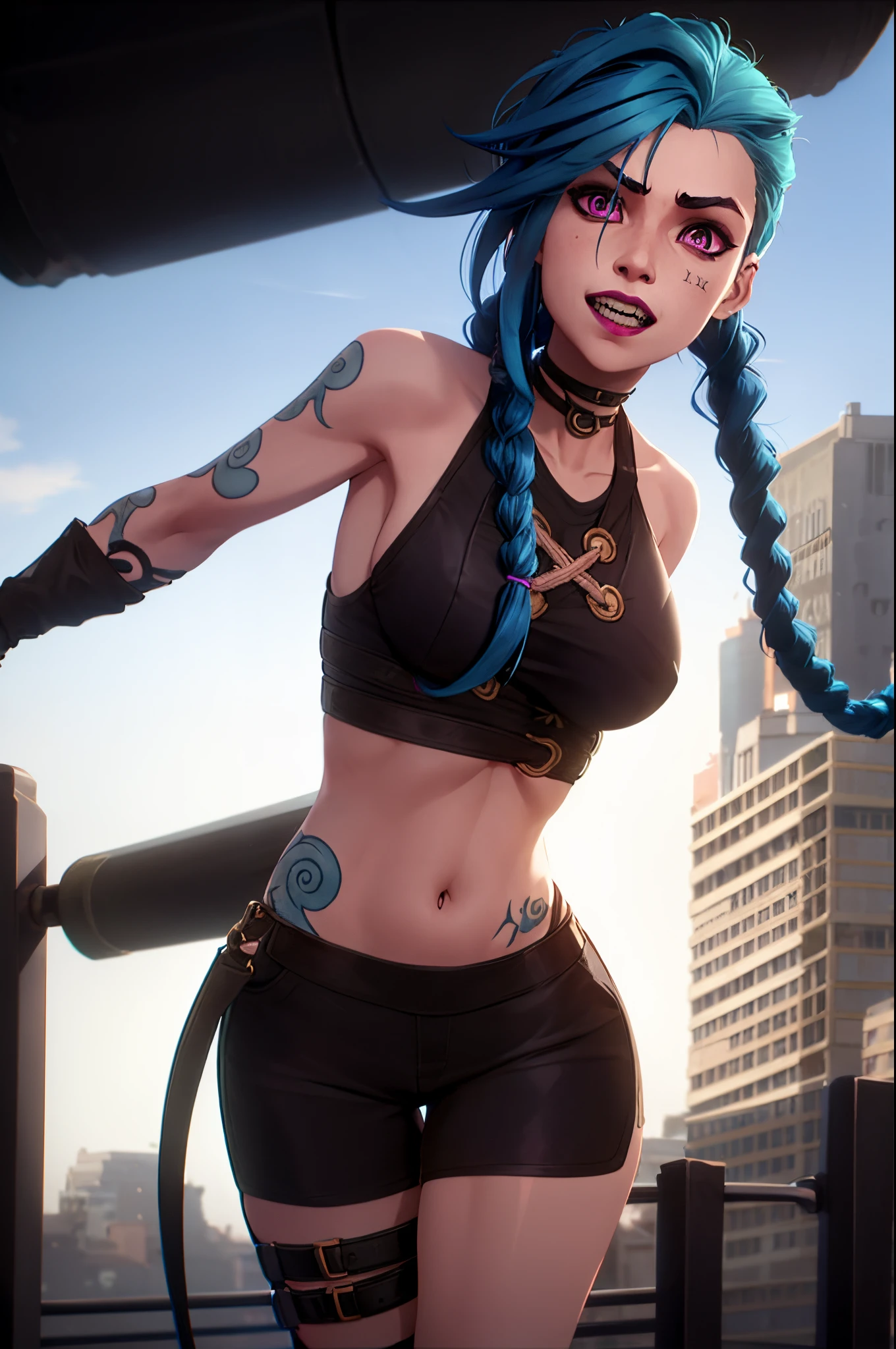 arcane style,

1girl, arm tattoo, asymmetrical bangs, bangs, blue hair, braid, brown shirt, cloud tattoo, looking at viewer, laughing, crazy, uncontrollable laugh, mad look, night, city, green hair, long hair, midriff, pink eyes, red lips, shirt, solo, standing, tattoo, twin braids, upper body, arcane jinx, jinx \(league of legends\)