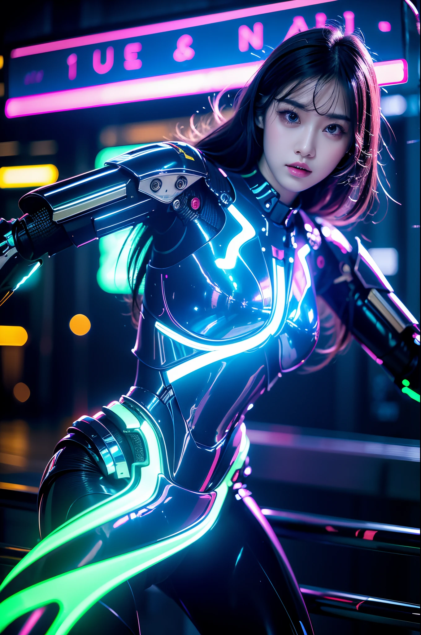 masterpiece, best quality,
1girl,ives girl,Mecha,beautiful lighting,(Neon Light:1.2),(Night:1.5),