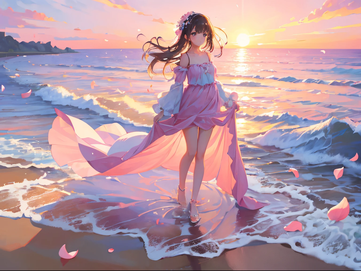 Best Quality, masutepiece, Portrait of a beautiful and delicate girl with a playful and cute expression,|(floating flower petals on background) Standing on the beach, Full body,the morning sun,dim sky,pink sky
