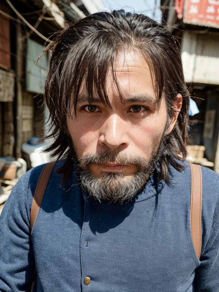 1man,people living on the street々々々々々,Japanese,50 years old,Slums,Best Quality,tatteredclothing,Close-up photo of the upper body,bushy beard,Unkempt hair,Wrinkled face,Lifeless face,