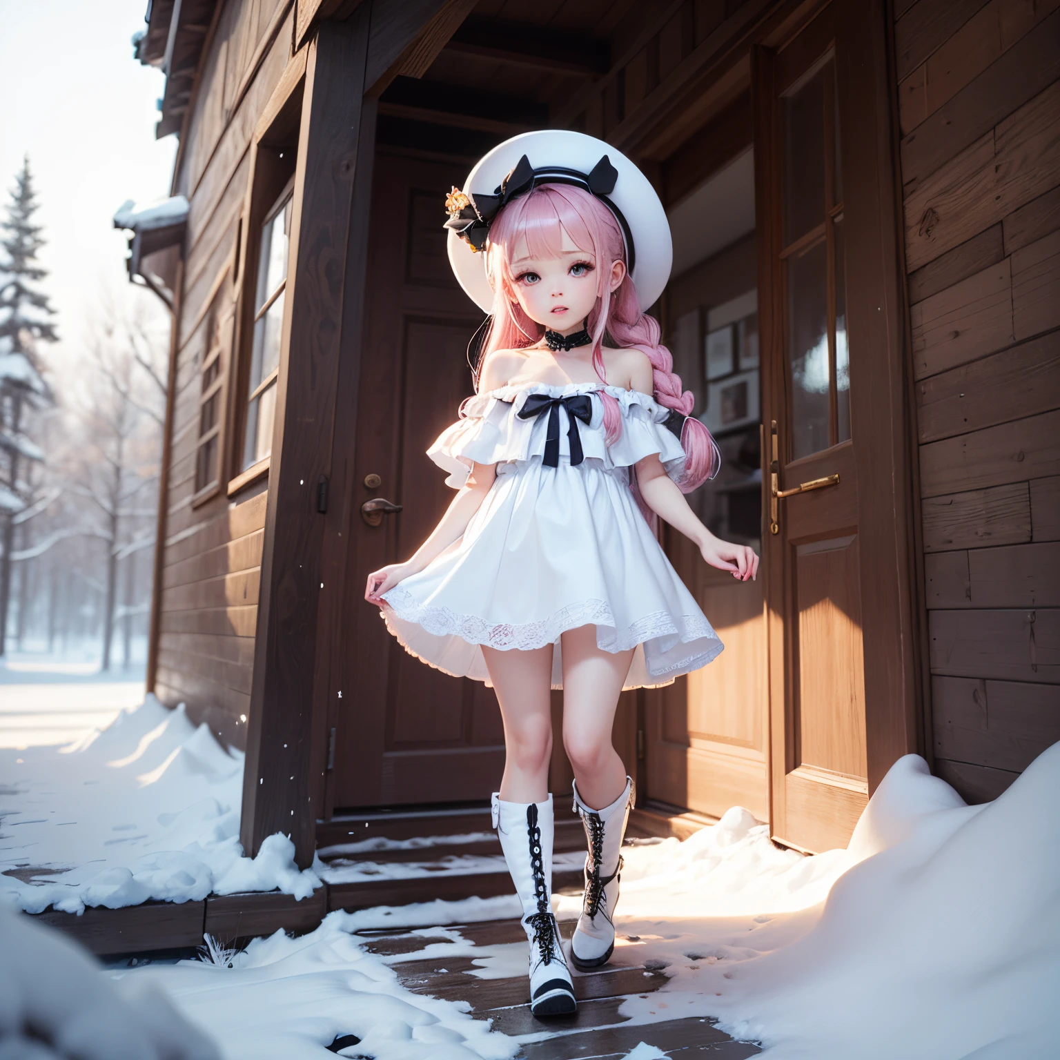 masterpiece、top-quality、ultra-detailliert、(((Chibi 3D))) (Best Quality), (masutepiece)one daughter of:1.5)、white fluffy elegant hat、white fluffy off shoulder dress、Snowflake Earrings、White braided boots、snowflakes falling、Blurring、Snow World、Chibi