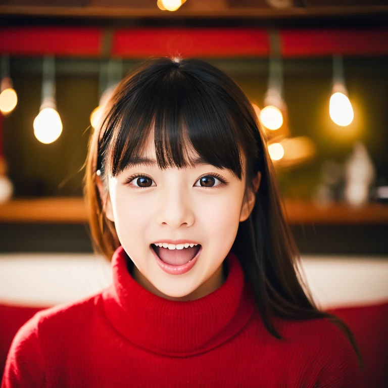 An ultra-high picture quality、Perfect Photo、japanes、japanese beauty girl、1３age、large mouth、Black turtleneck sweater、christmas indoor、A dark-haired、Open your mouth a little、