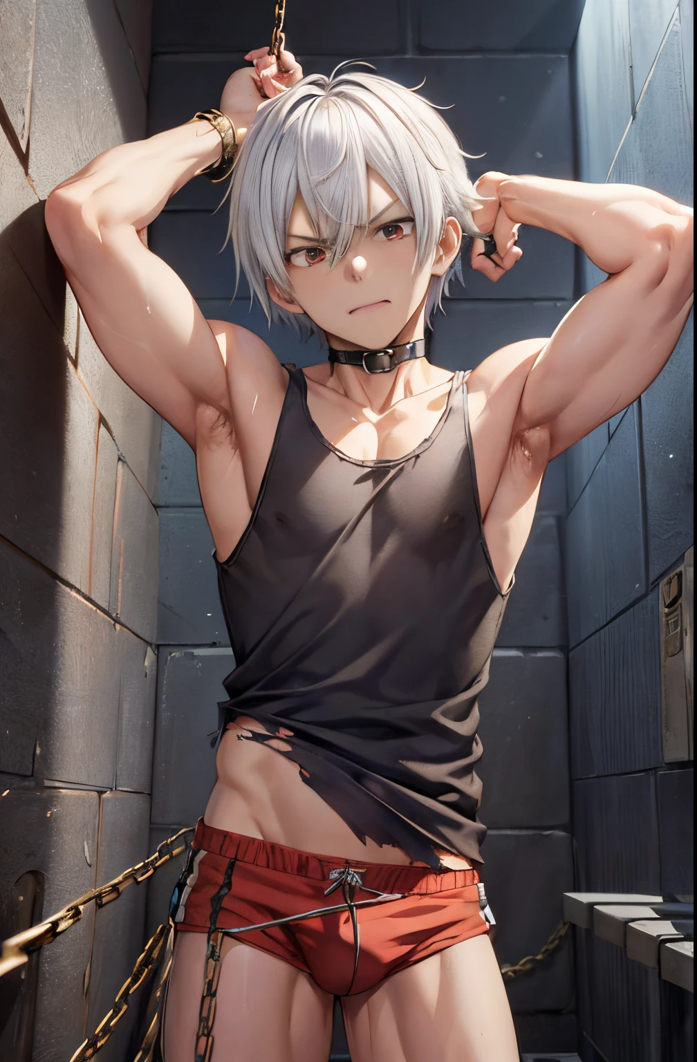 (masutepiece:1.3),(Best Quality:1.2),8K,absurderes,Unity 8K Wall Papper,(Extremely detailed:1.3),highest grade,prison, 1 boy, Solo, Arms up, Bondage, Angry, Chained, Torn tank top, Red Eyes, White hair,