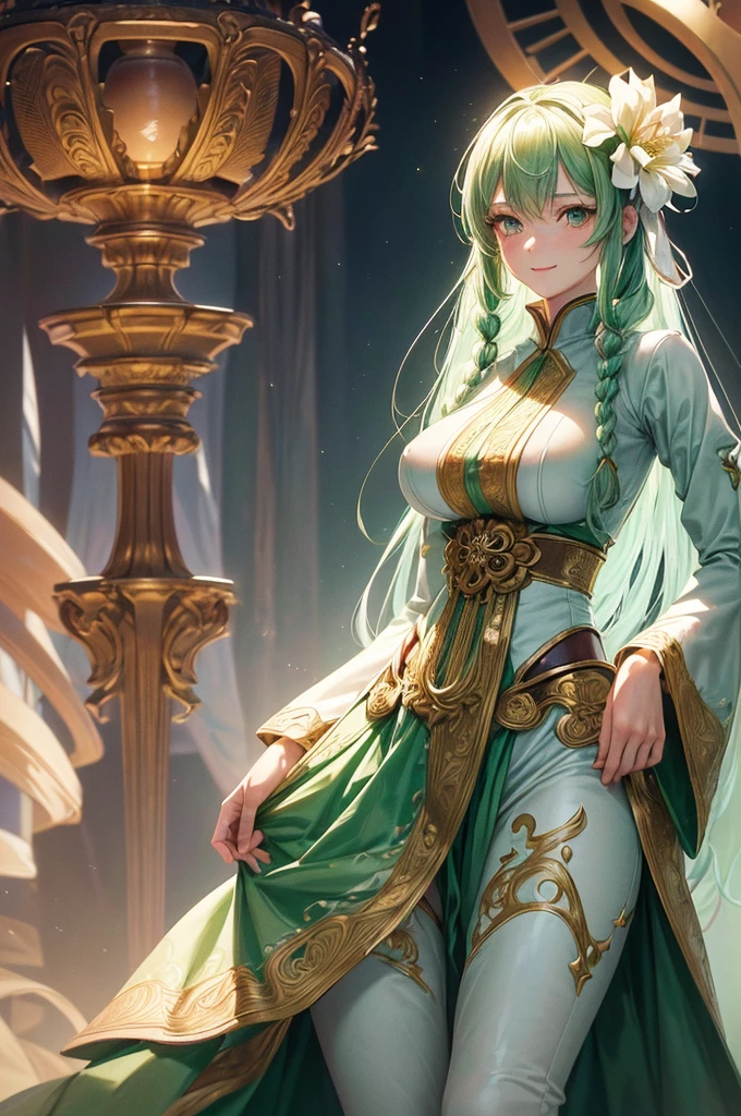 (masutepiece, of the highest quality, Best Quality, Official art, Beautiful and aesthetic:1.2), (1girl in:1.3), (Fractal Art:1.3), The card, tarot, Green hair, Twin braids, Hair Flower, (good lighting:1.1), ((hight resolution)), Tarot card style, (Beautiful girl posing with very big breasts, Narrow waist, ((Photorealistic:1.4)),Best Quality ,masutepiece, Illustration, extremely delicate and beautiful, Extremely detailed ,nffsw ,Unity ,8K Wallpaper, amazing, finely detail, Official art,Highly detailed ticker Unity 8k wallpaper,absurderes, unbelievable Ridiculous, huge filesize, Ultra-detailed, hight resolution, Beautiful detailed girl, extremely detailed eye and face, Beautiful detailed eyes,Light on Face,Cinematic lighting,((very white green tight suit clothes)),1girl in,Full body,FULL BODYSHOT,Looking at Viewer, Detailed background of red eye list, (Smile),Crying face