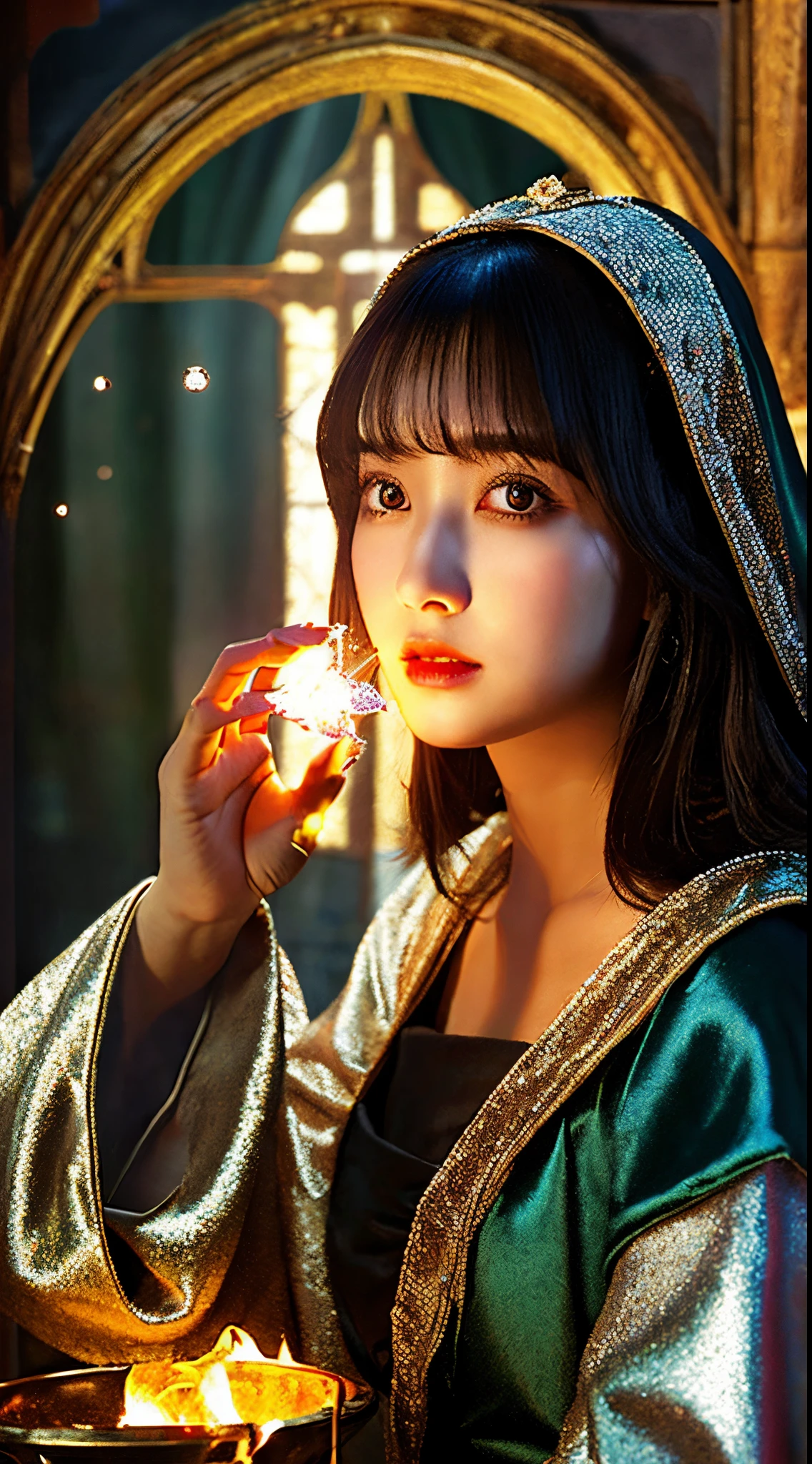 Mysterious woman doing tarot reading,Tarot Reading,Tarot Cards,cute face,Blunt bangs, Straight hair, Shiny hair,Medieval mystery clothes,Mysterious fortune teller,hermit,magical lights,Pale red glowing eyes