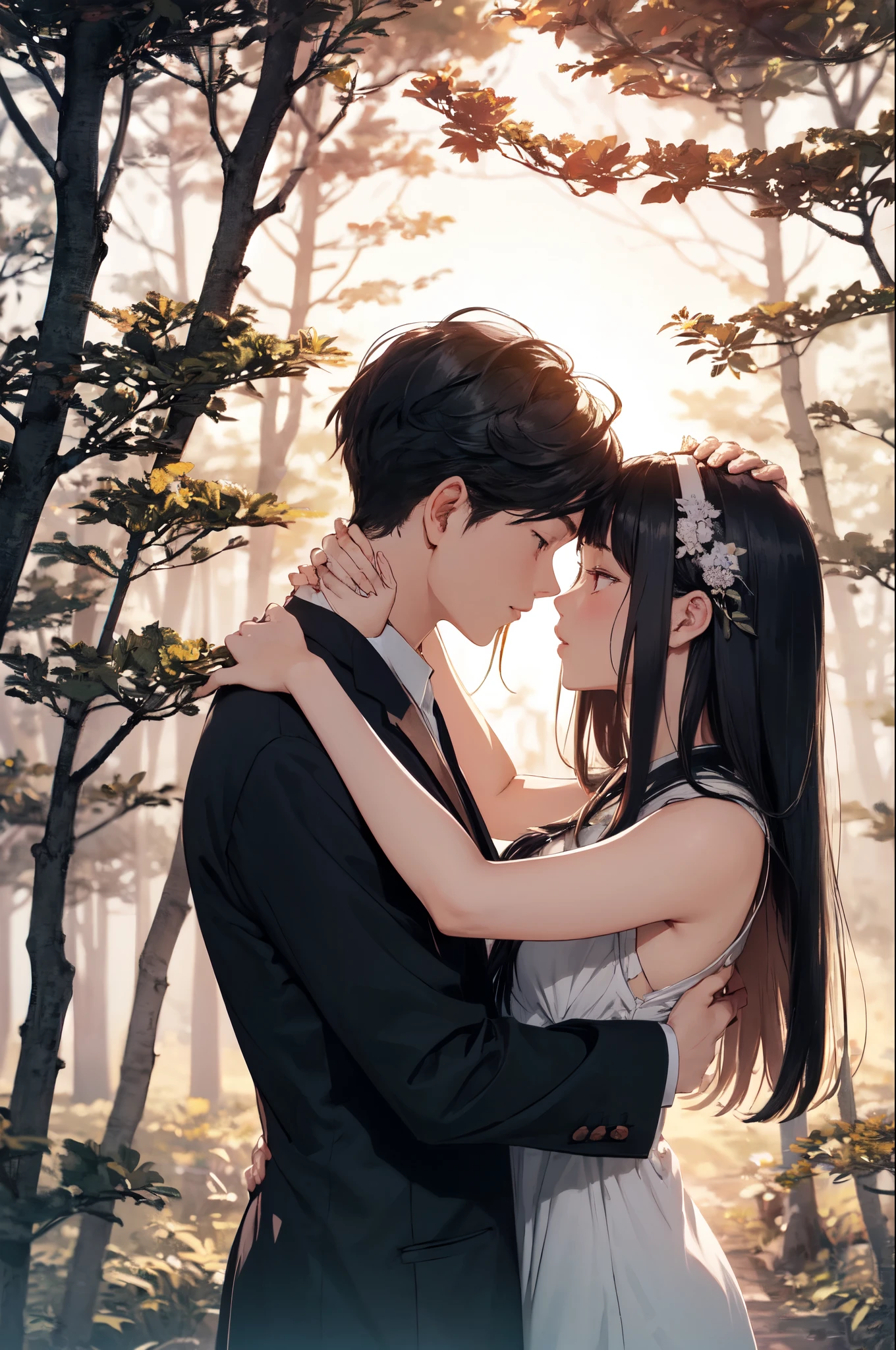 Under the cosmic canopy of Tanabata Valentine's Day, a boy and a girl find themselves in a dance as old as time, a dance that weaves together two souls deeply entangled in the embrace of love. Their meeting beneath the twinkling stars  no coincidence; it  a manifestation of wishes whispered into the ether. The scene unfolds amidst bamboo branches adorned with shimmering ornaments, a testament to the enchantment of tradition. Bathed in the soft luminescence of moonlight and the radiant constellations, the atmosphere exudes a sense of serenity and euphoria. In the style of Katsushika Hokusai's romantic Ukiyo-e, this love scene  immortalized through the meticulous art of woodblock print. The color palette, comprised of subtle shades of indigo and ethereal silver, captures the essence of a moment suspended in time. With hand-crafted precision and an acute attention to detail, this artwork captures the fleeting emotions of the heart.