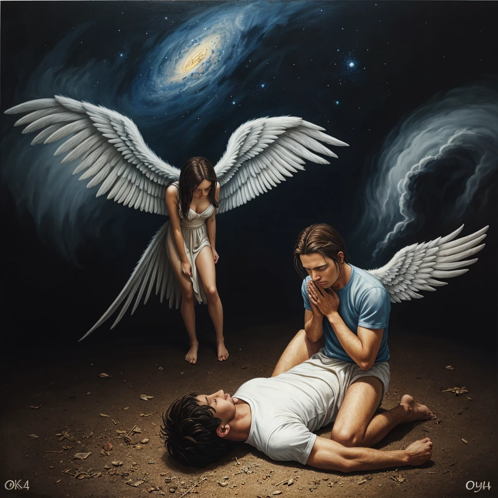 a man kneeling down with wings spread out and broken, a hyperrealistic painting by Olga Ibadullayeva, happening disgrace, the angels are crying, fallen angel, angels protecting a praying old man, angel protecting man, emotional picture, biblical accurate angel, biblically accurate angel, human need death angel, to fathom hell or go angelic, s4w3d0ff, etheric drawing