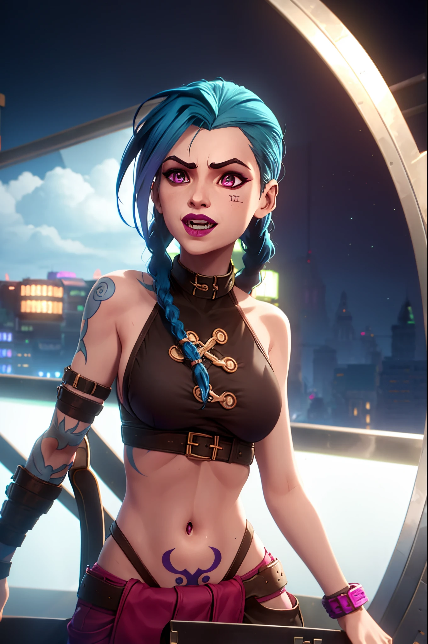 arcane style,
1girl, arm tattoo, asymmetrical bangs, bangs, blue hair, braid, brown shirt, cloud tattoo, looking at viewer, laughing, crazy, uncontrollable laugh, mad look, night, city, green hair, long hair, midriff, pink eyes, red lips, shirt, solo, standing, tattoo, twin braids, upper body, arcane jinx, jinx \(league of legends\)