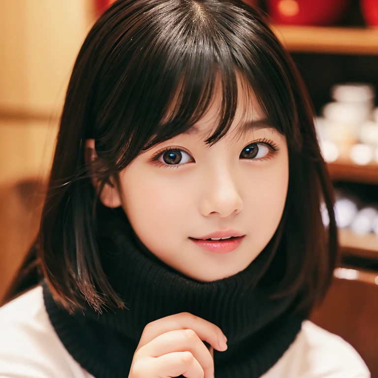 An ultra-high picture quality、Perfect Photo、japanes、japanese beauty girl、1３age、large mouth、Black turtleneck sweater、christmas indoor、A dark-haired、thick lips、