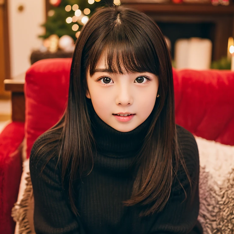 An ultra-high picture quality、Perfect Photo、japanes、japanese beauty girl、1３age、large mouth、Black turtleneck sweater、christmas indoor、A dark-haired、thick lips、